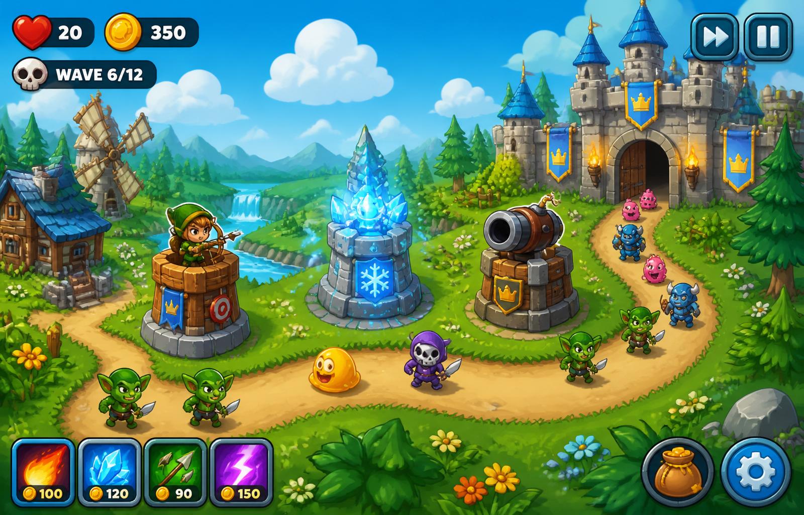 Colorful RealmGuard TD gameplay showing archer, frost, and cannon towers defending a castle