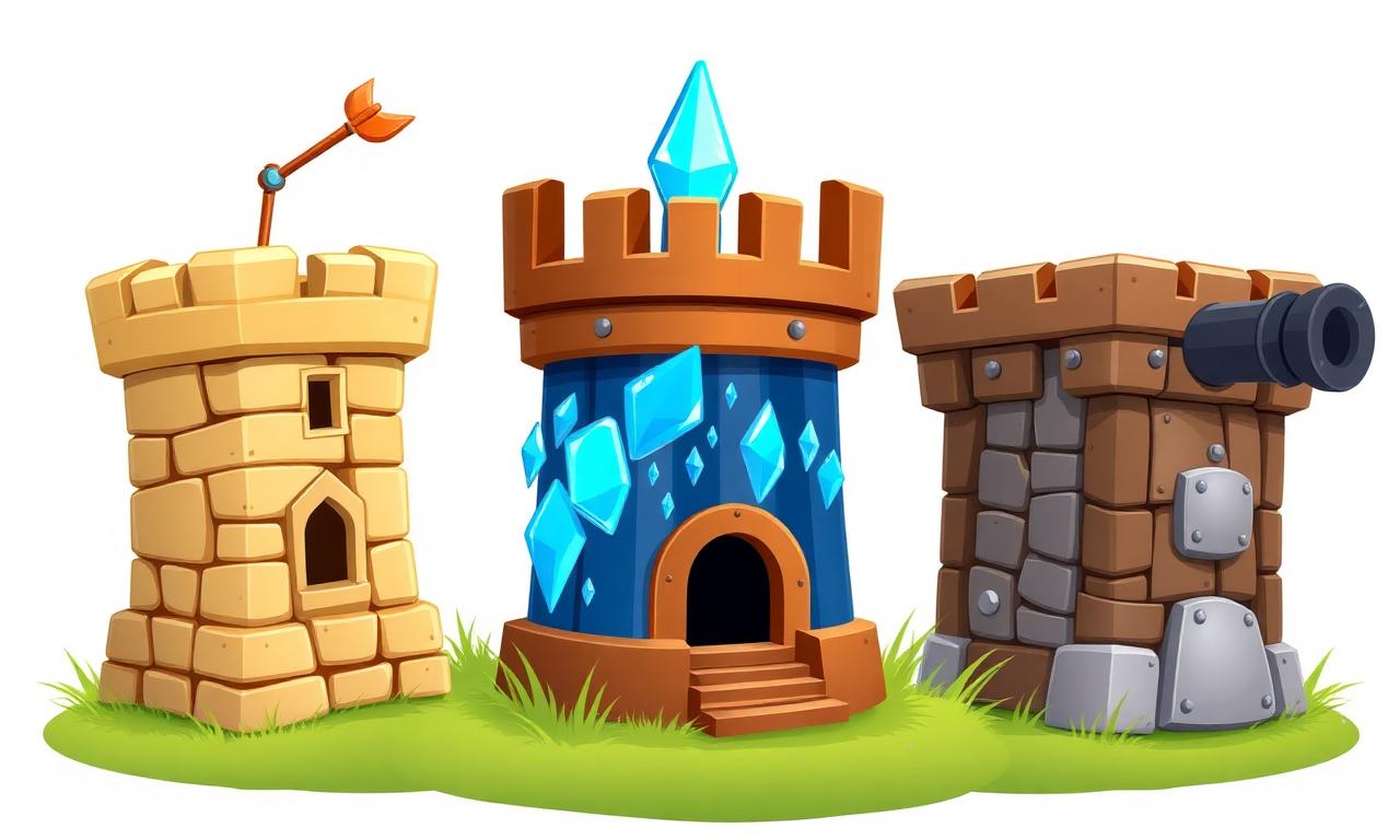 The three towers in RealmGuard TD: Basic, Frost, and Cannon